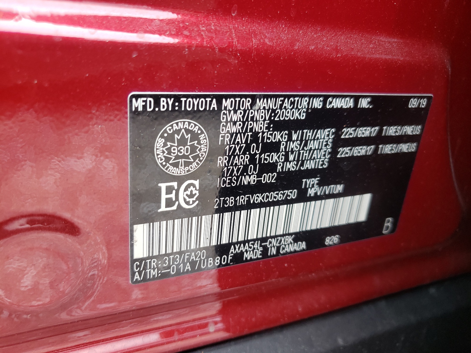Photo 10 from auction – 2019 TOYOTA RAV4 LE with VIN 2T3B1RFV6KC056750