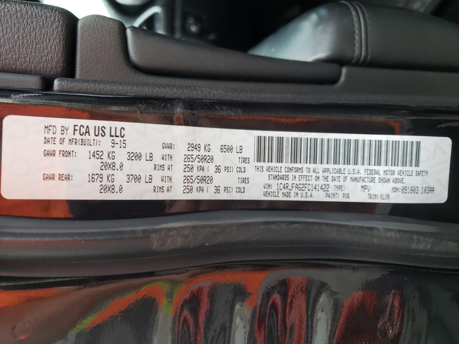 Photo 10 from auction – 2015 JEEP GRAND CHER with VIN 1C4RJFAG2FC141422