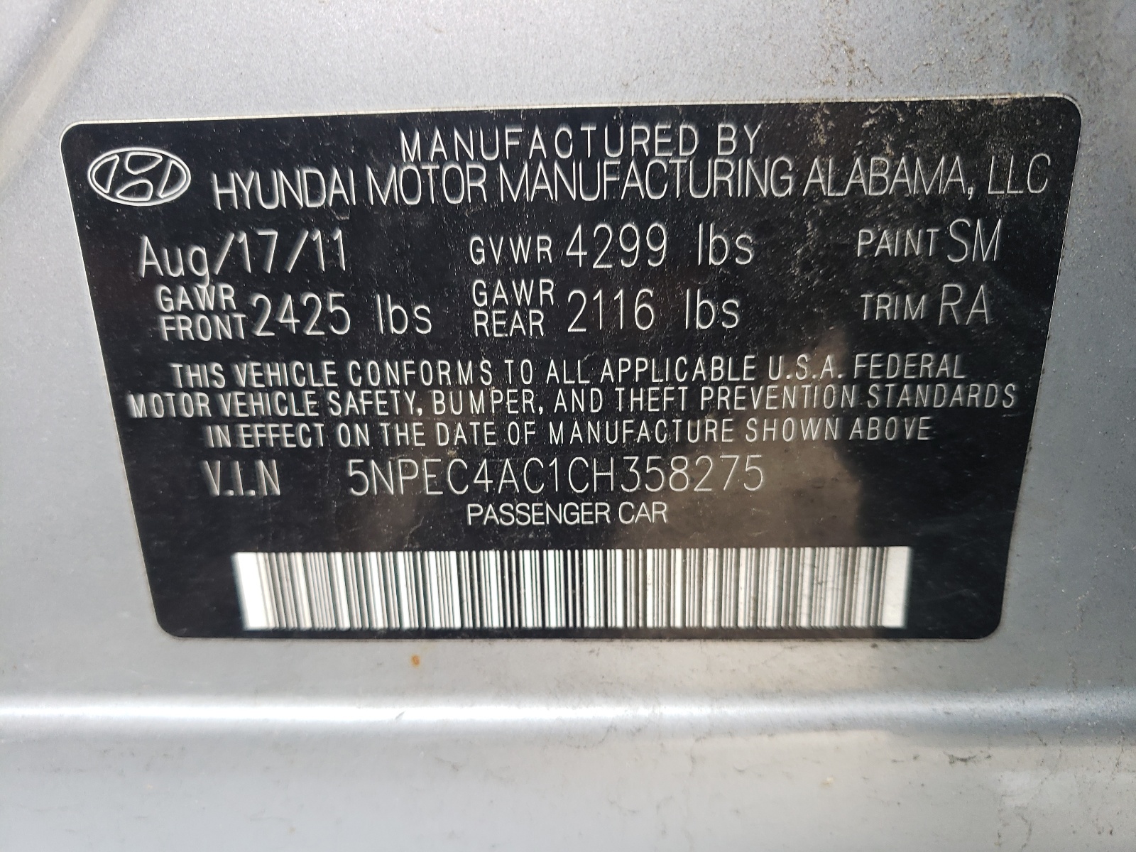 Foto 10 de la subasta – 2012 HYUNDAI SONATA SE con VIN 5NPEC4AC1CH358275