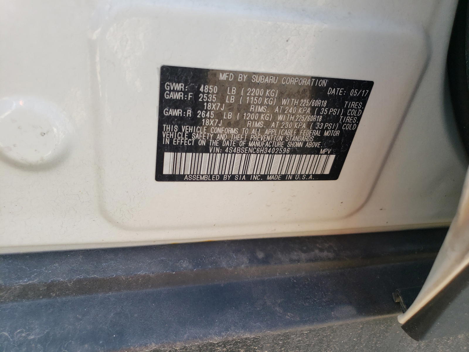 Photo 10 from auction – 2017 SUBARU OUTBACK 3. with VIN 4S4BSENC6H3402596