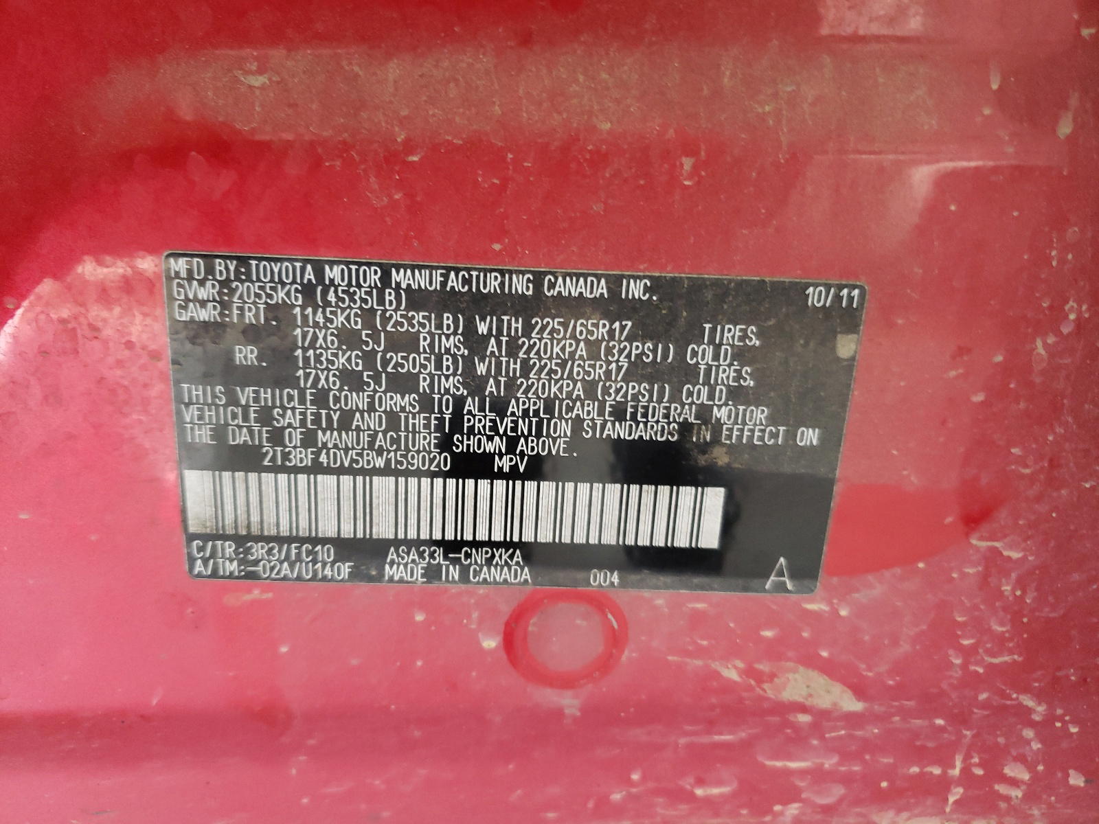 Photo 10 from auction – 2011 TOYOTA RAV4 with VIN 2T3BF4DV5BW159020