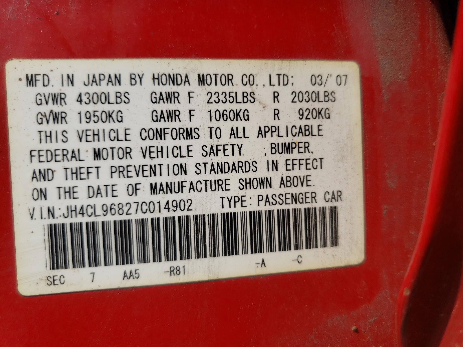 Photo 10 from auction – 2007 ACURA TSX with VIN JH4CL96827C014902
