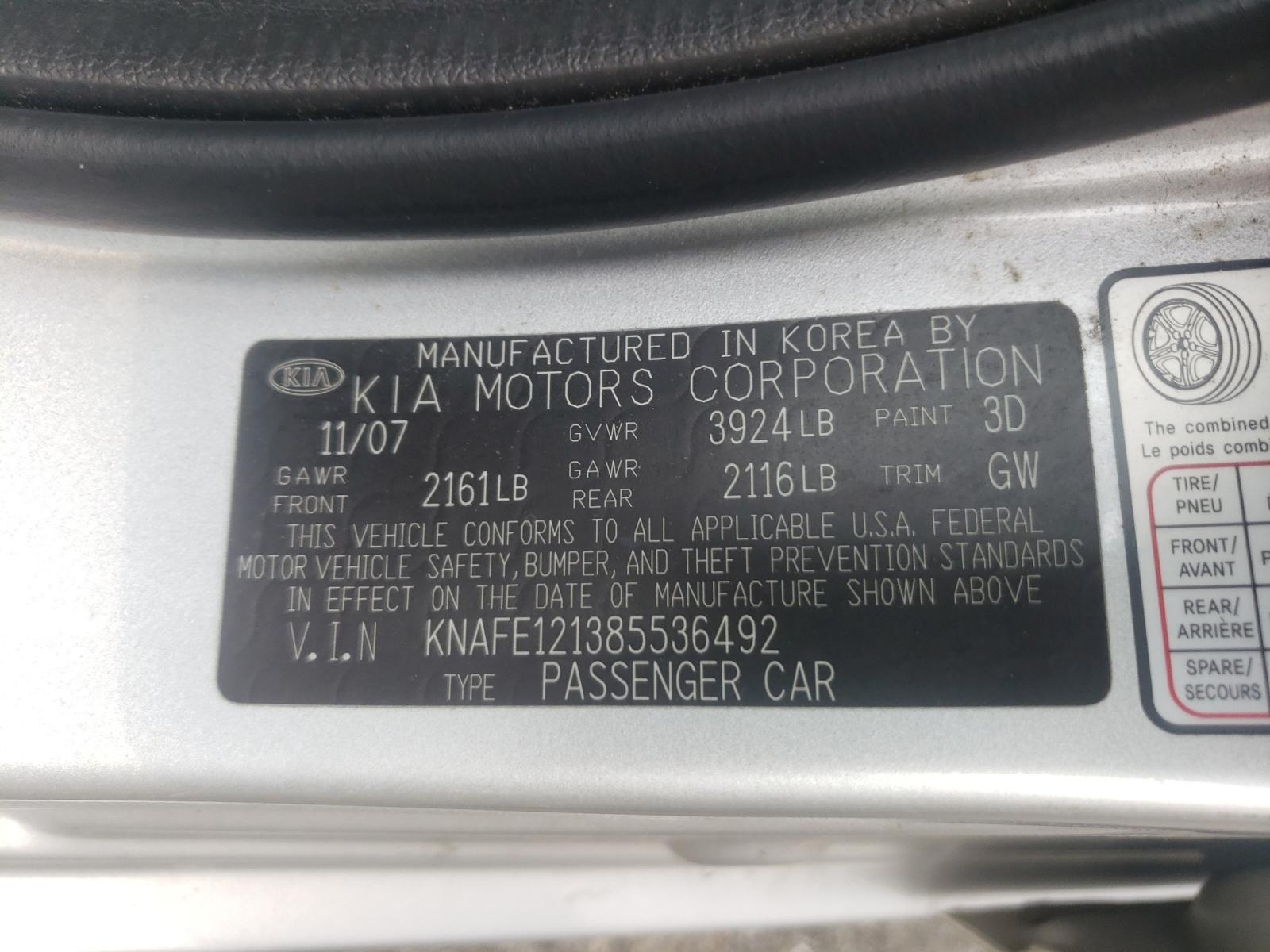 Photo 10 from auction – 2008 KIA SPECTRA EX with VIN KNAFE121385536492