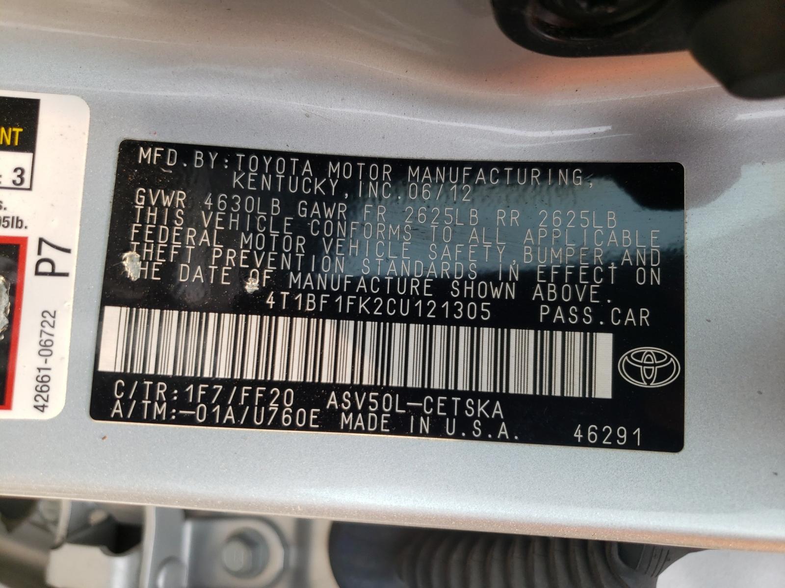 Photo 10 from auction – 2012 TOYOTA CAMRY with VIN 4T1BF1FK2CU121305