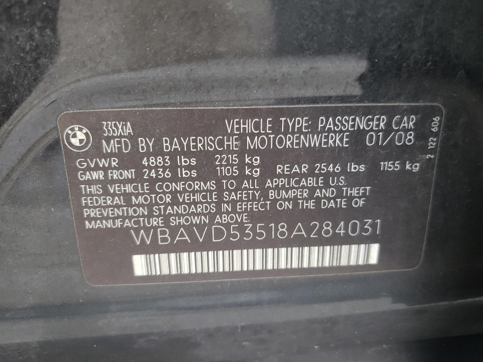 Photo 10 from auction – 2008 BMW 335 XI with VIN WBAVD53518A284031