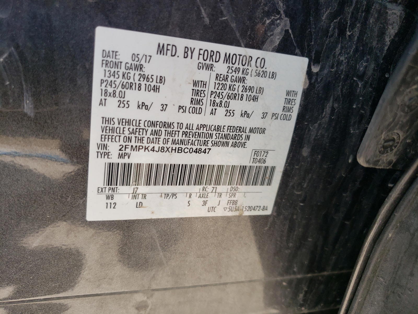Photo 10 from auction – 2017 FORD EDGE SEL with VIN 2FMPK4J8XHBC04847
