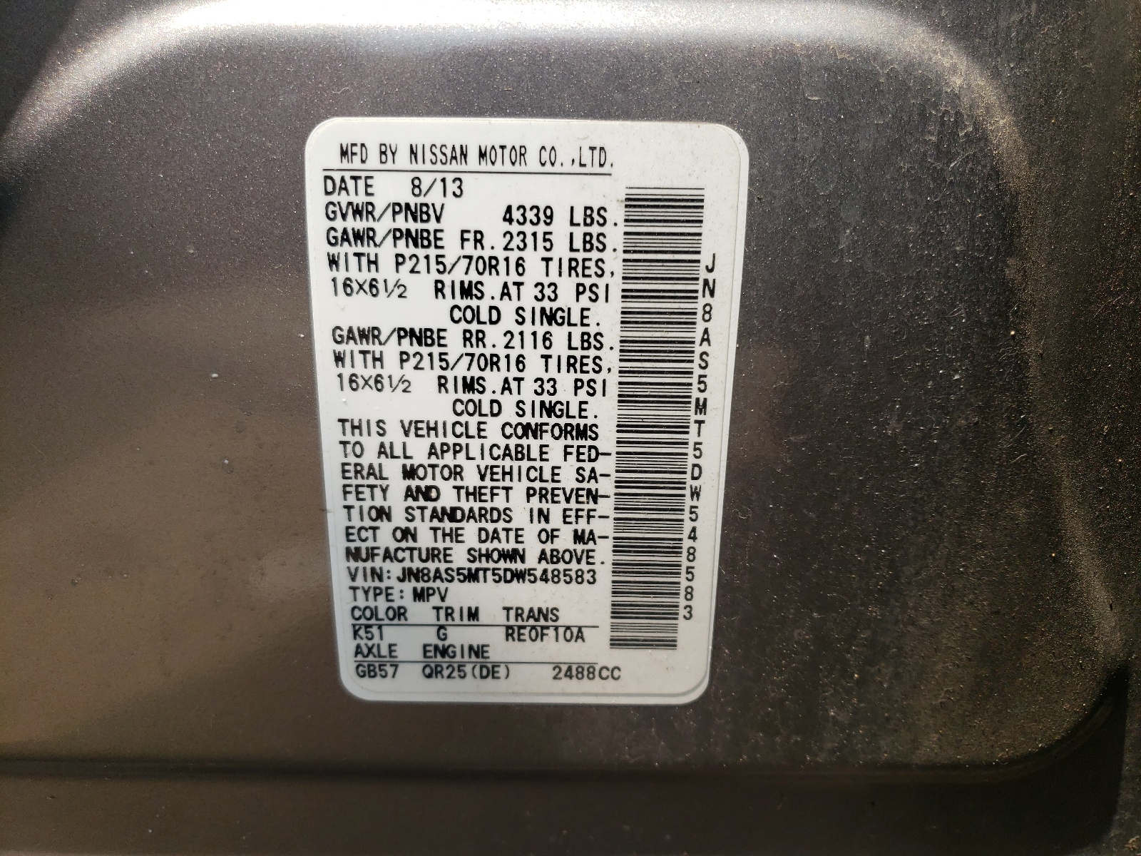 Photo 10 from auction – 2013 NISSAN ROGUE S with VIN JN8AS5MT5DW548583