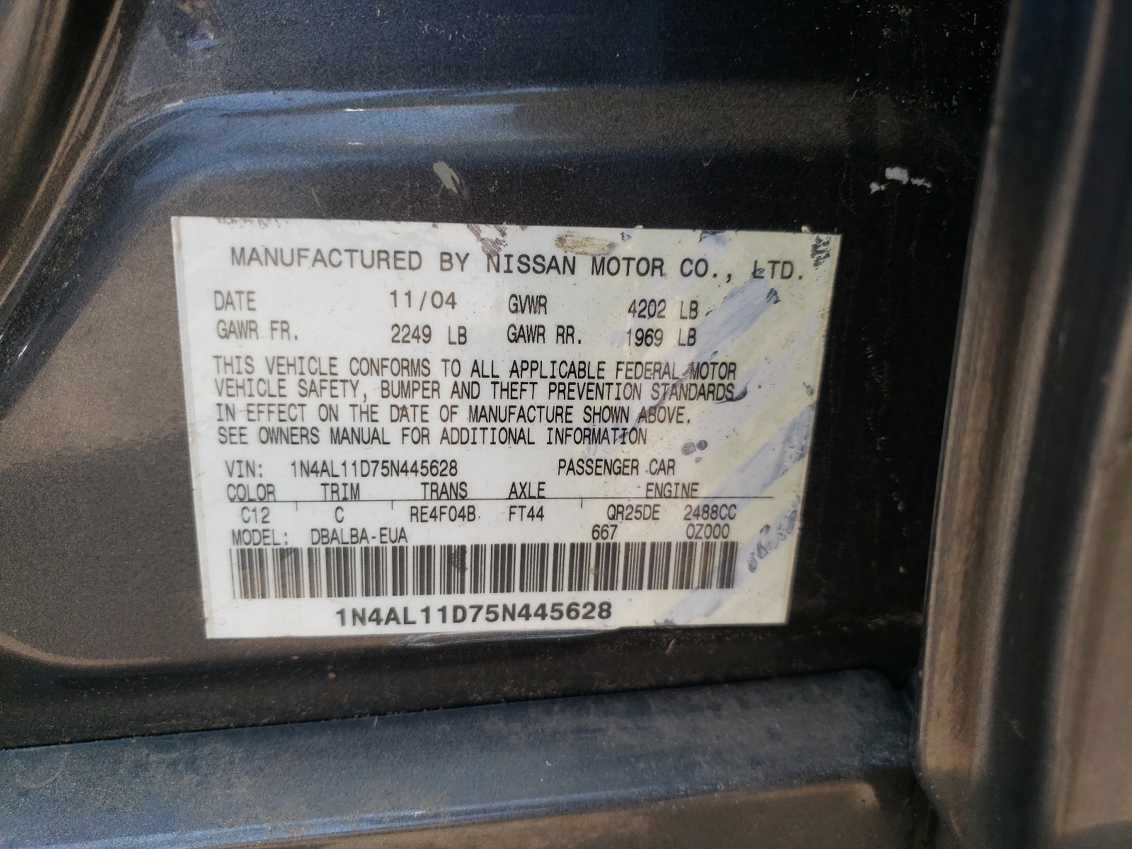 Photo 10 from auction – 2005 NISSAN ALTIMA S with VIN 1N4AL11D75N445628