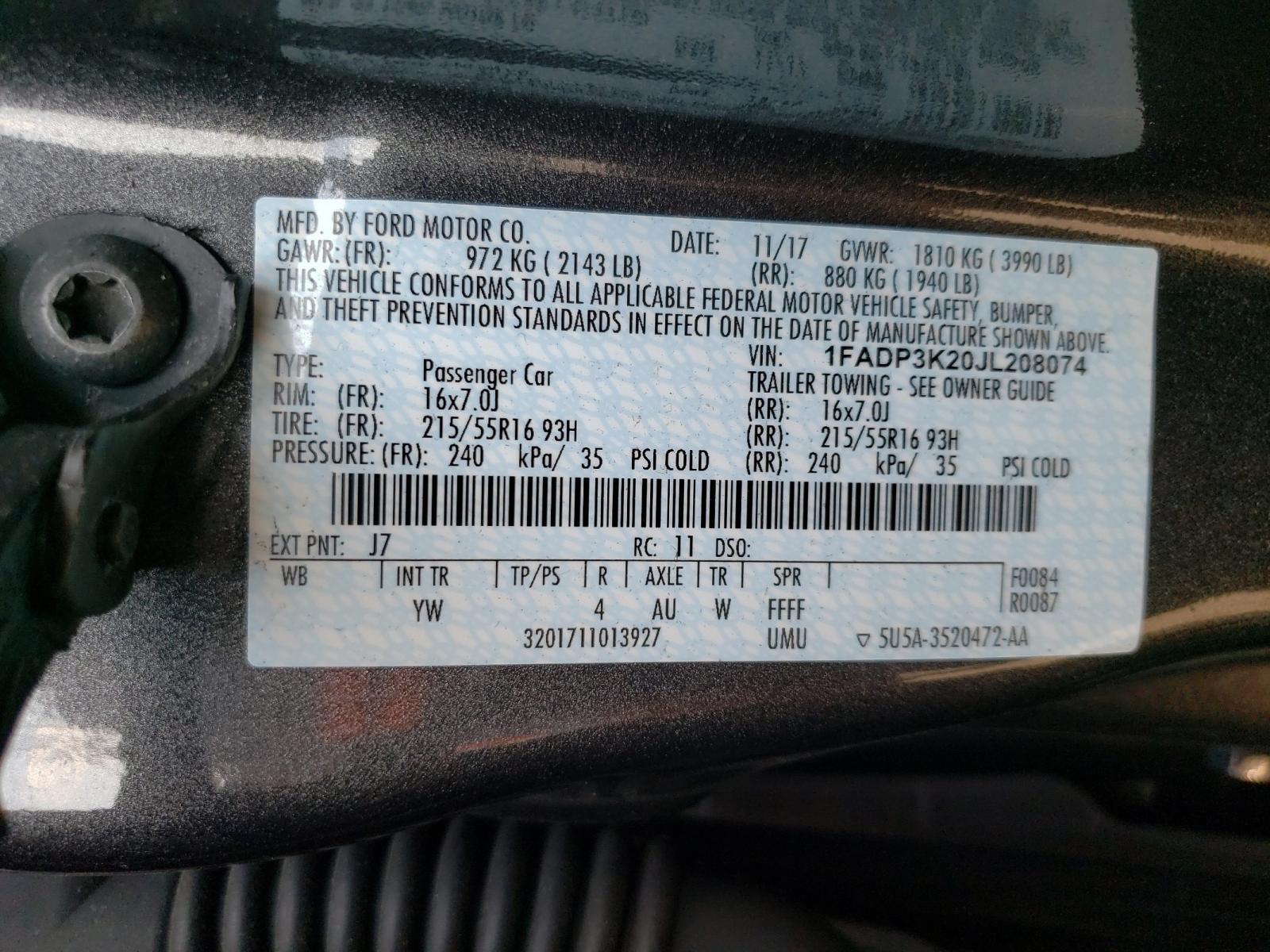 Photo 10 from auction – 2018 FORD FOCUS SE with VIN 1FADP3K20JL208074