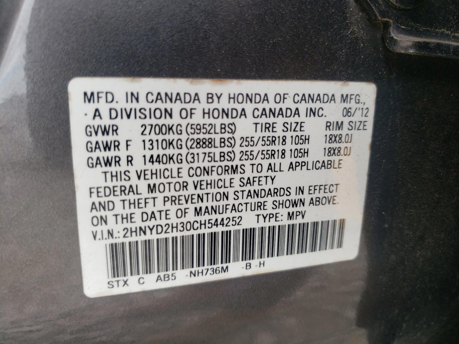 Photo 10 from auction – 2012 ACURA MDX TECHNO with VIN 2HNYD2H30CH544252
