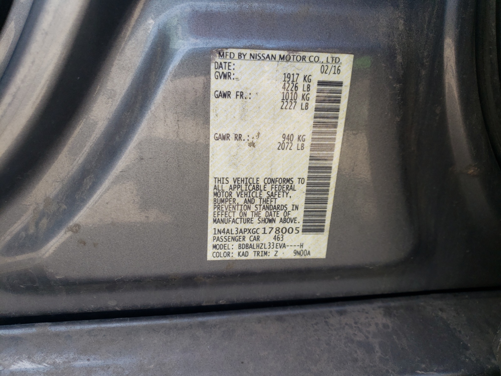 Photo 10 from auction – 2016 NISSAN ALTIMA 2.5 with VIN 1N4AL3APXGC178005