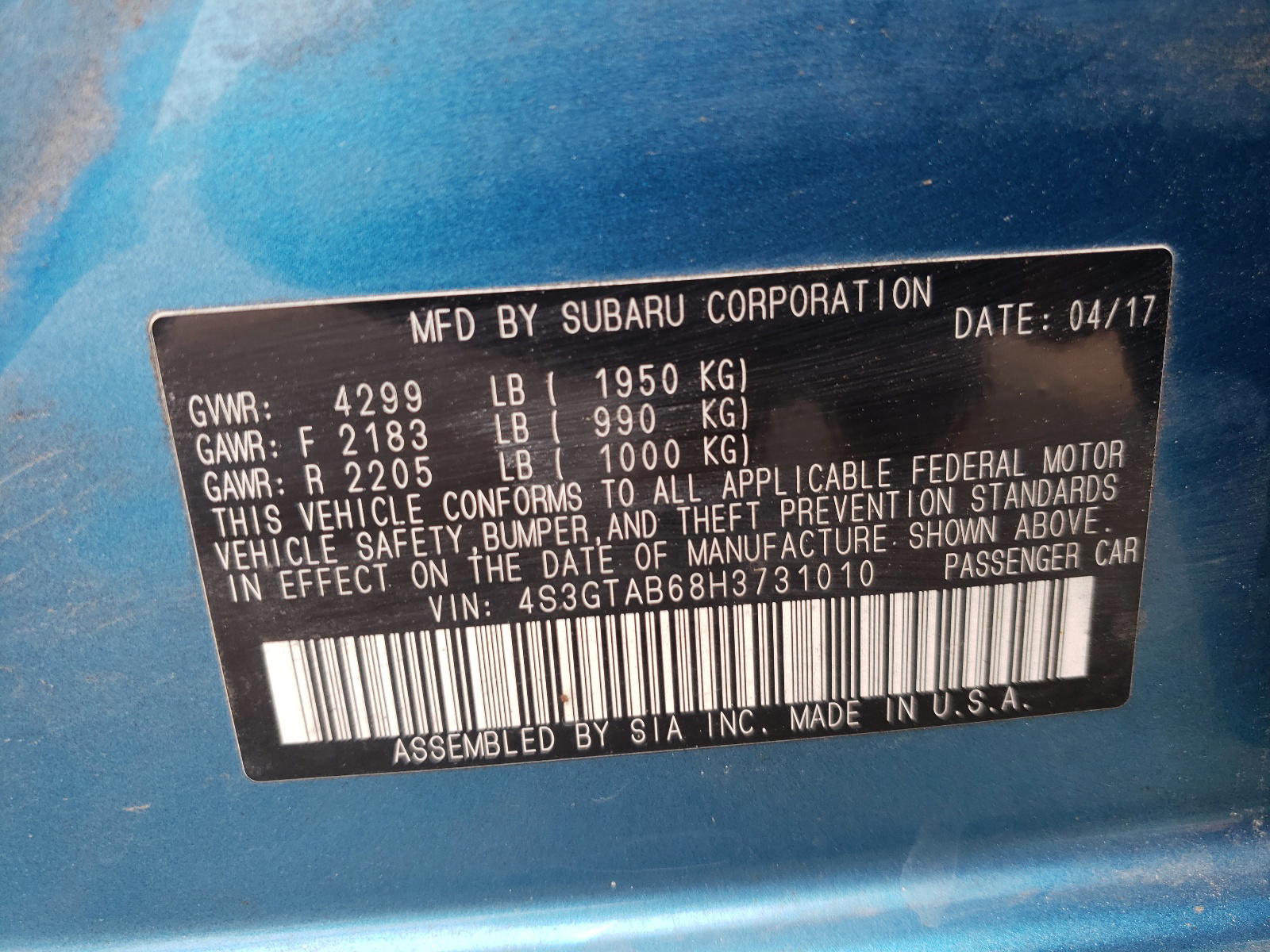 Photo 10 from auction – 2017 SUBARU IMPREZA PR with VIN 4S3GTAB68H3731010