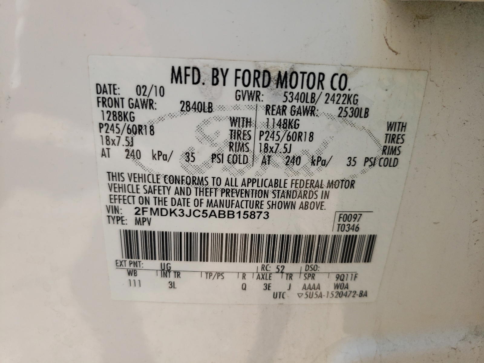 Photo 10 from auction – 2010 FORD EDGE SEL with VIN 2FMDK3JC5ABB15873