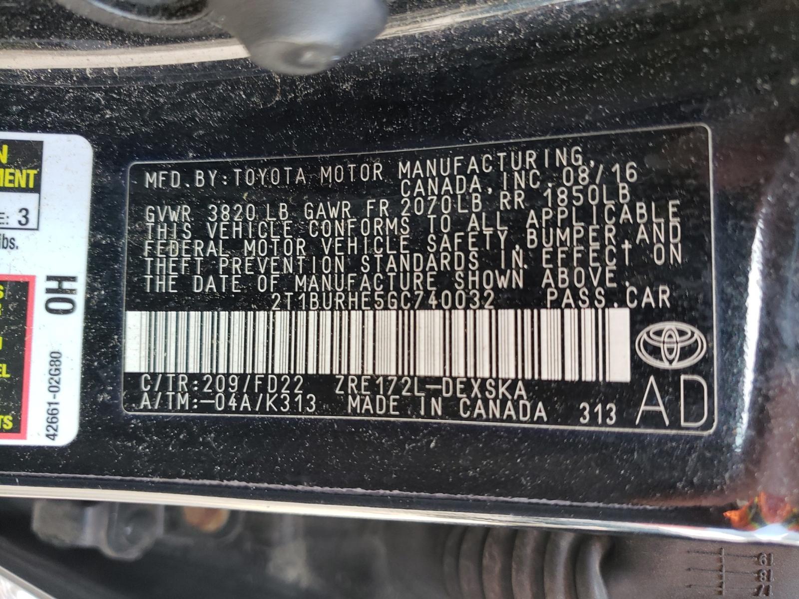 Photo 10 from auction – 2016 TOYOTA COROLLA L with VIN 2T1BURHE5GC740032