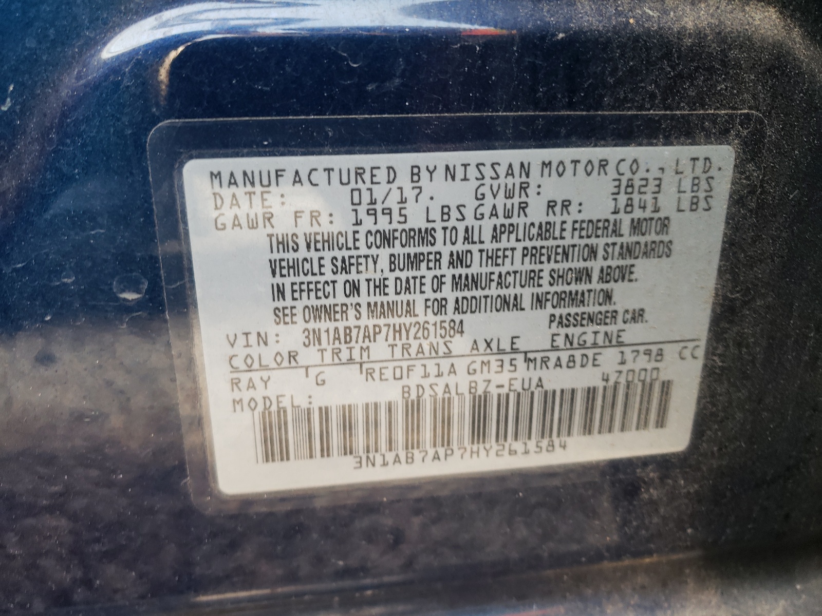 Photo 10 from auction – 2017 NISSAN SENTRA S with VIN 3N1AB7AP7HY261584