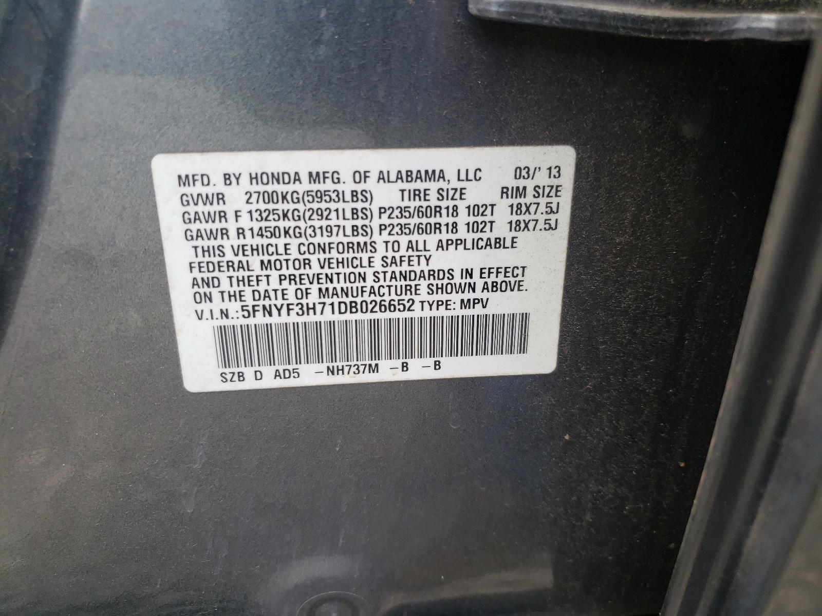 Photo 10 from auction – 2013 HONDA PILOT EXLN with VIN 5FNYF3H71DB026652