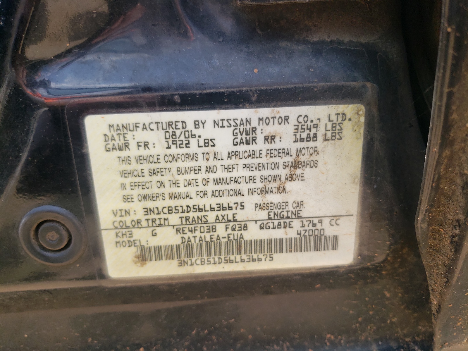 Photo 10 from auction – 2006 NISSAN SENTRA 1.8 with VIN 3N1CB51D56L636675