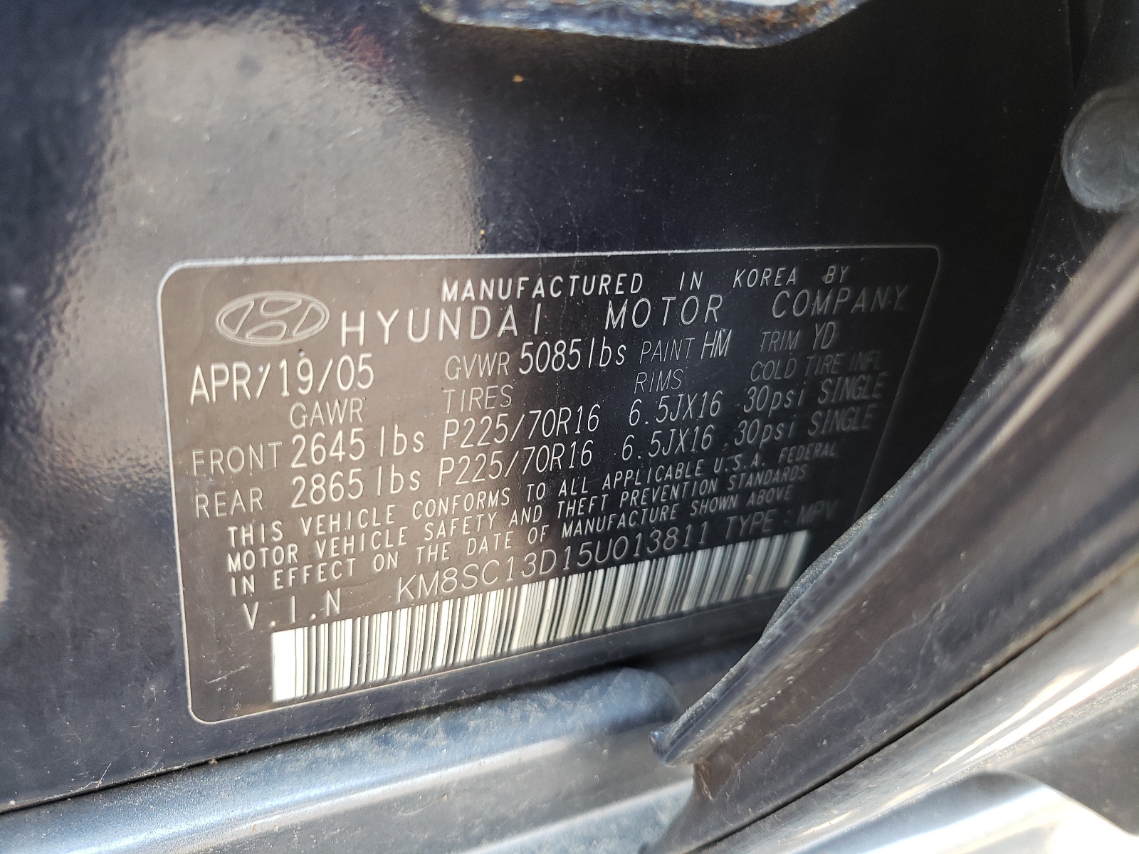 Photo 10 from auction – 2005 HYUNDAI SANTA FE with VIN KM8SC13D15U013811