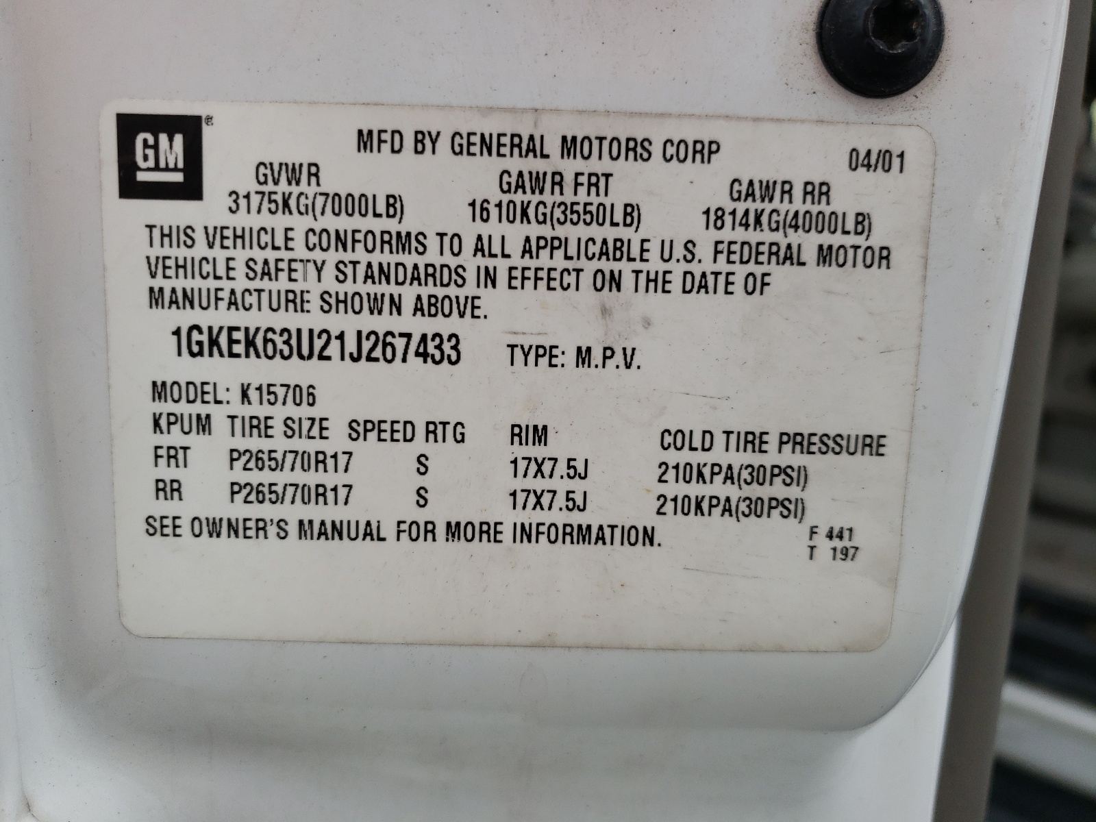 Photo 10 from auction – 2001 GMC DENALI with VIN 1GKEK63U21J267433