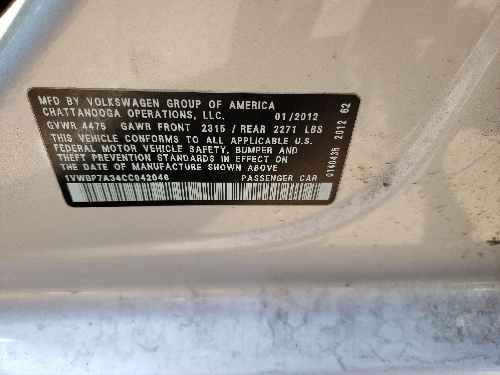 Photo 10 from auction – 2012 VOLKSWAGEN PASSAT SE with VIN 1VWBP7A34CC042046