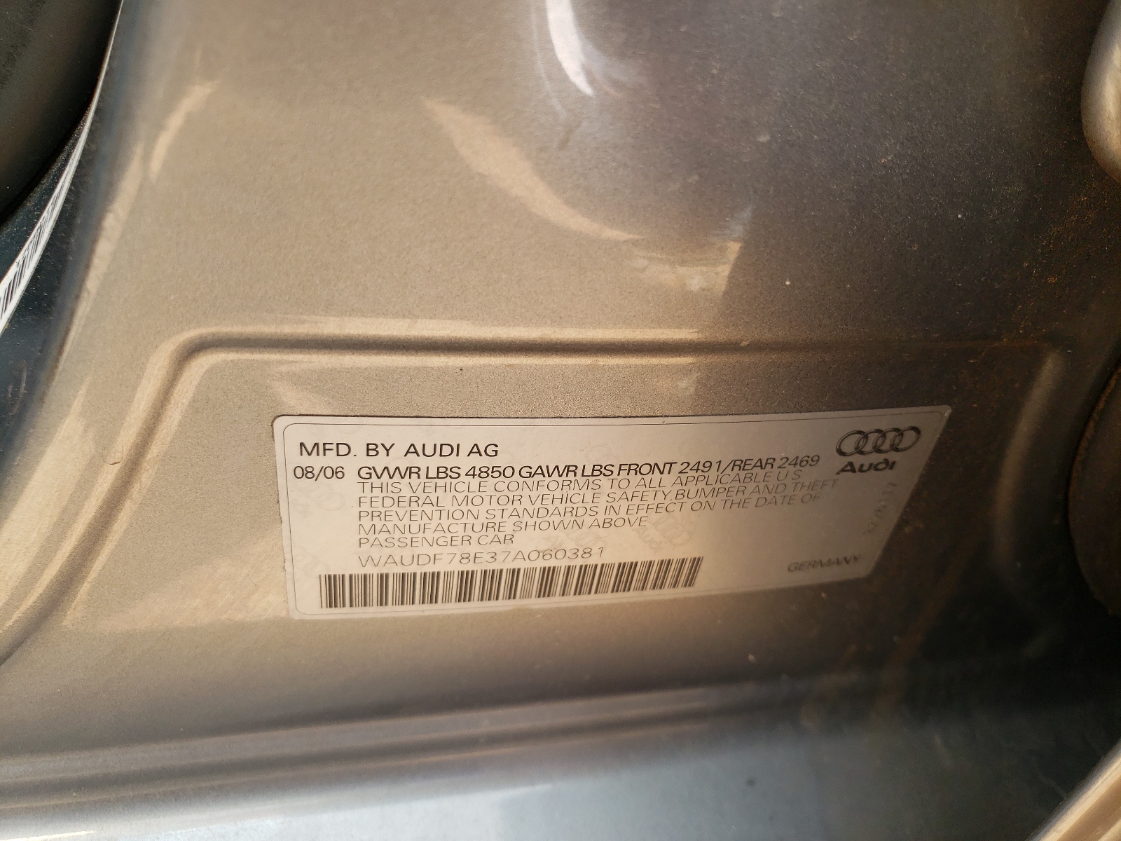 Foto 10 de la subasta – 2007 AUDI A4 2.0T QU con VIN WAUDF78E37A060381