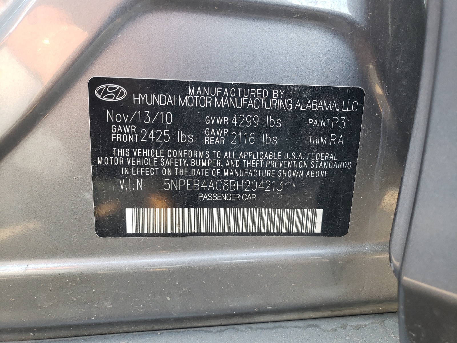 Photo 10 from auction – 2011 HYUNDAI SONATA GLS with VIN 5NPEB4AC8BH204213
