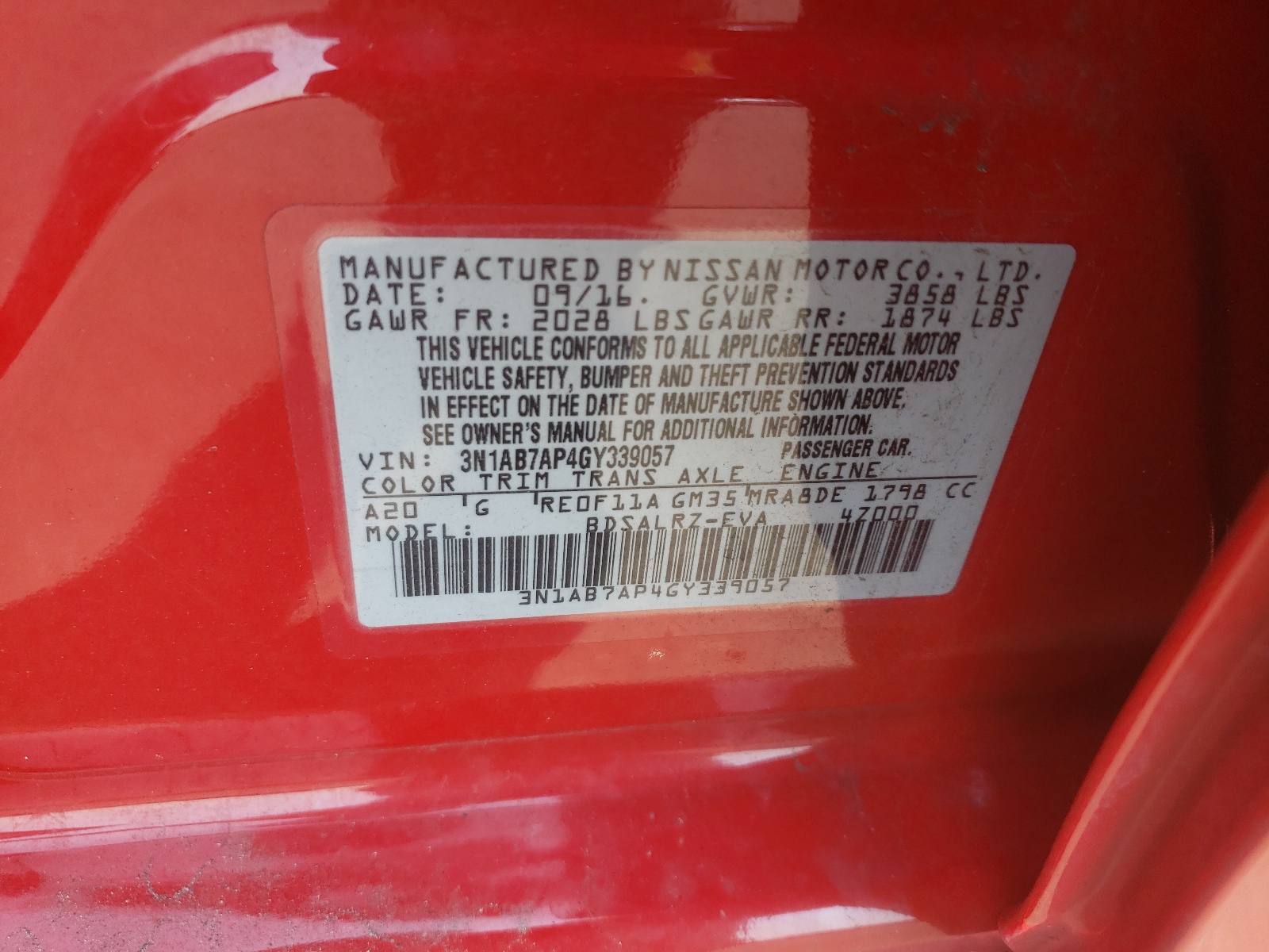 Photo 10 from auction – 2016 NISSAN SENTRA S with VIN 3N1AB7AP4GY339057