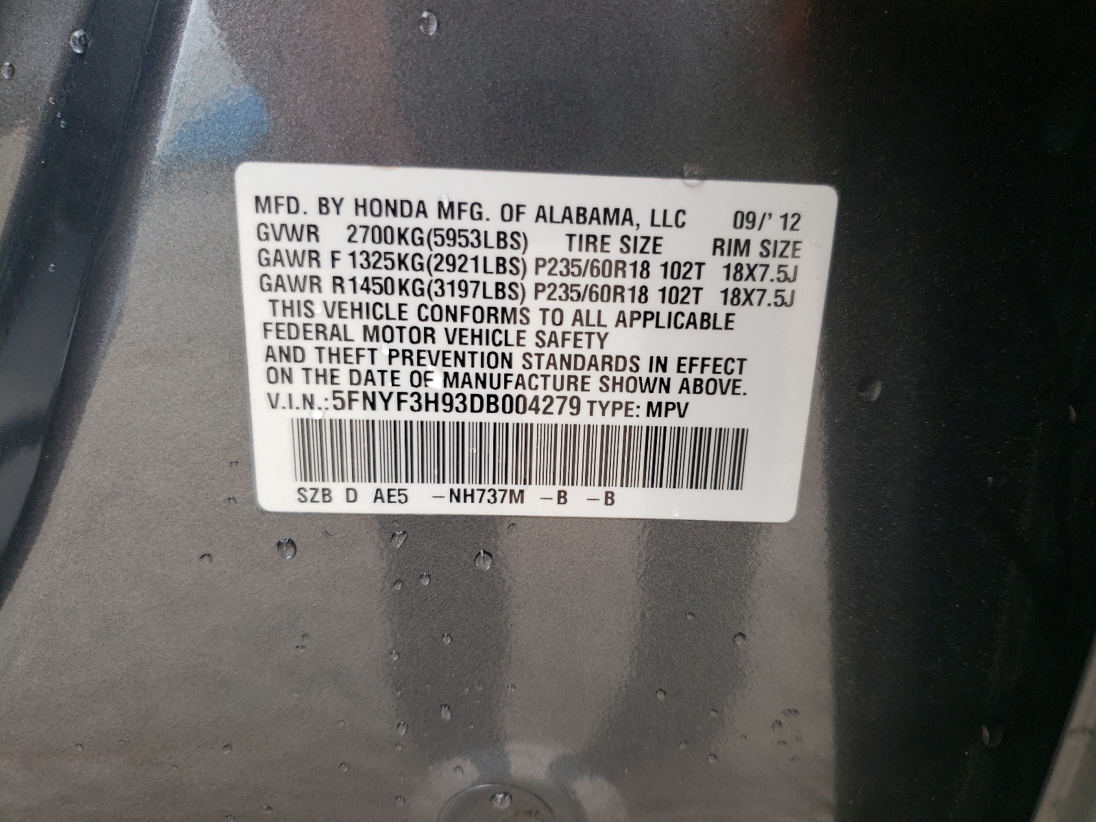 Photo 10 from auction – 2013 HONDA PILOT TOUR with VIN 5FNYF3H93DB004279