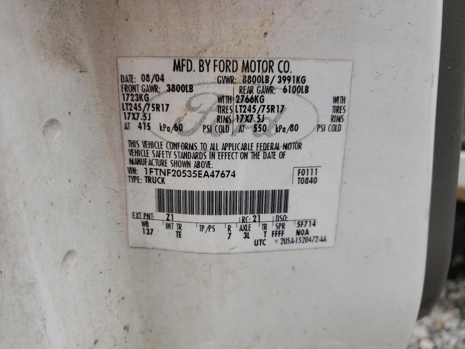 Photo 10 from auction – 2005 FORD F250 SUPER with VIN 1FTNF20535EA47674