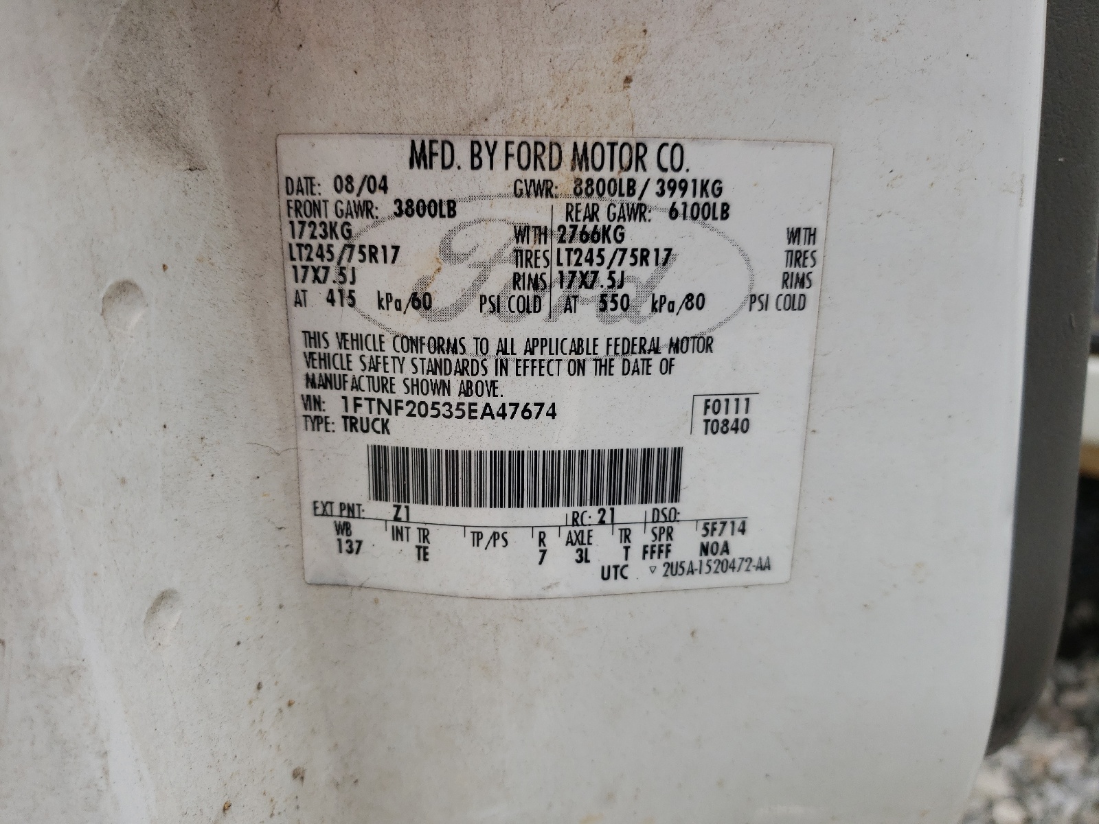 Zdjęcie 10 z aukcji – 2005 FORD F250 SUPER z VIN 1FTNF20535EA47674