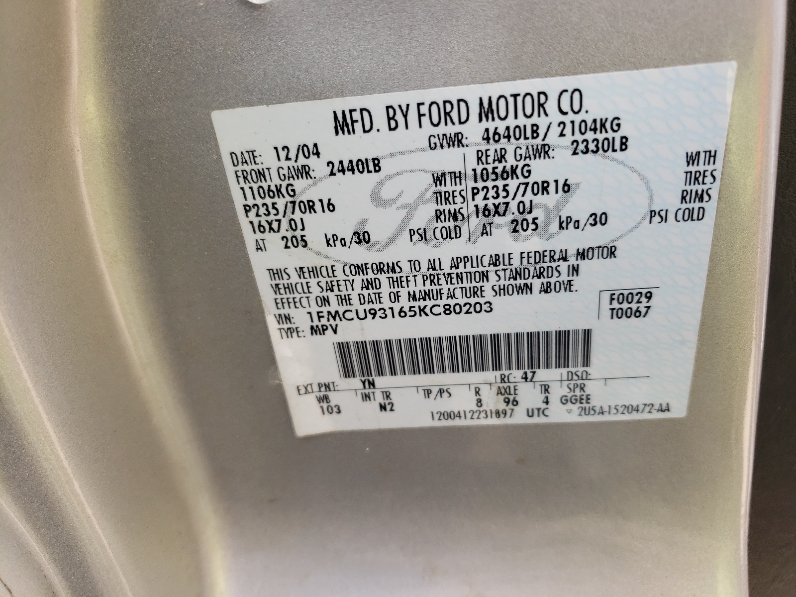 Photo 10 from auction – 2005 FORD ESCAPE XLT with VIN 1FMCU93165KC80203