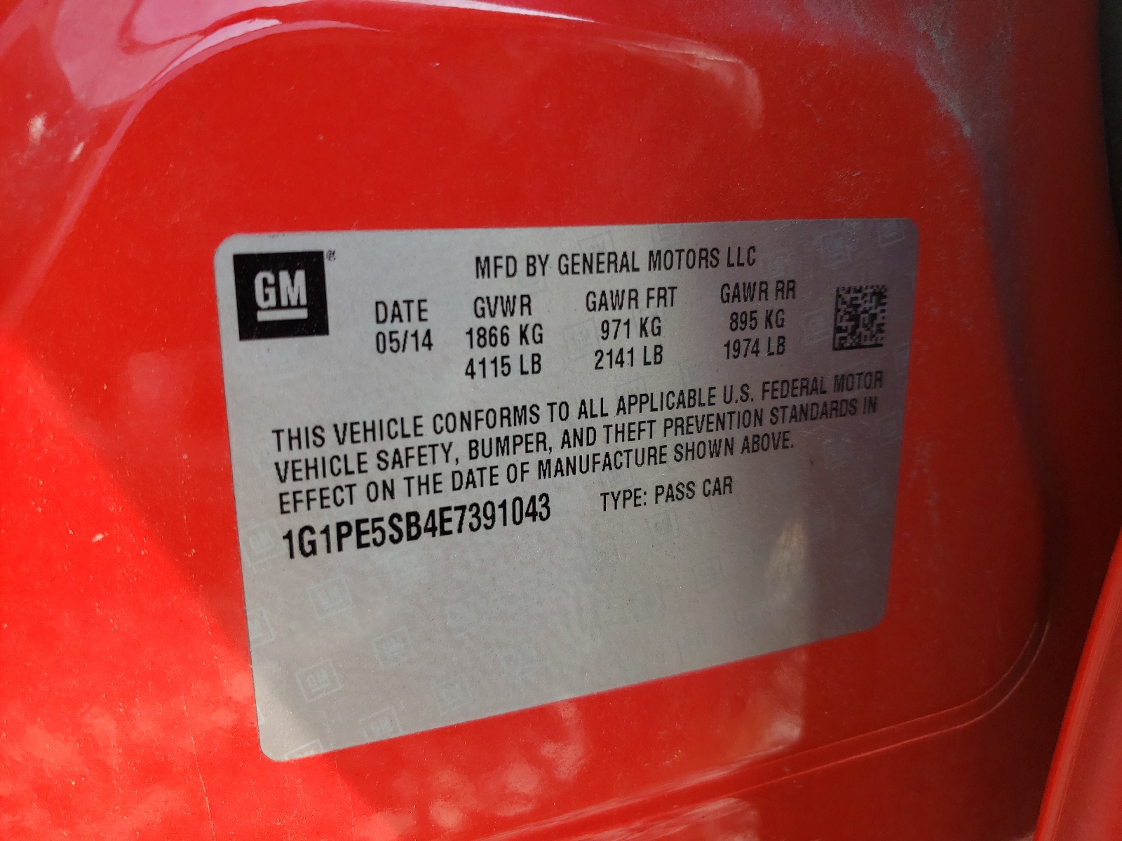 Photo 10 from auction – 2014 CHEVROLET CRUZE LT with VIN 1G1PE5SB4E7391043