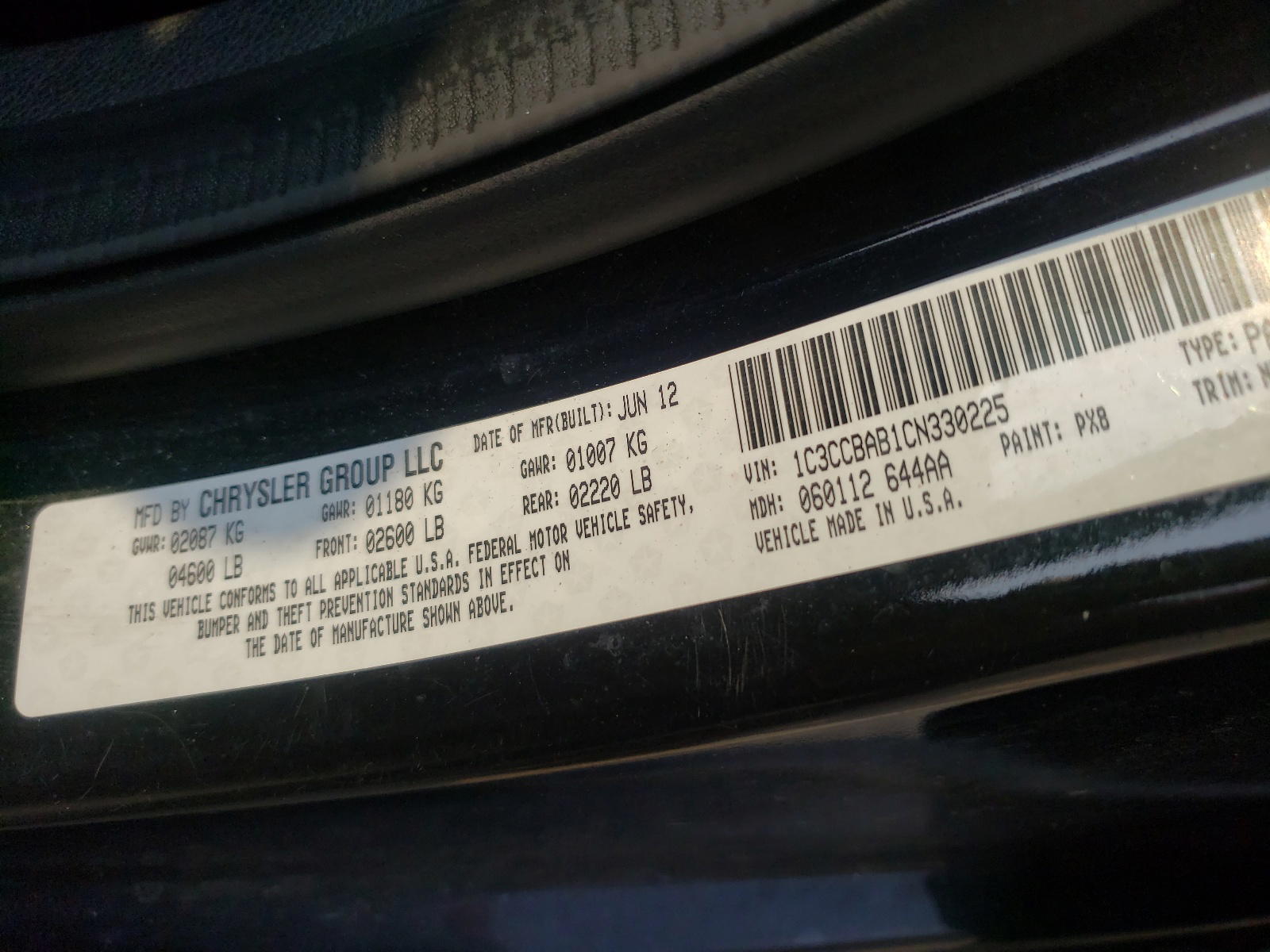 Photo 10 from auction – 2012 CHRYSLER 200 LX with VIN 1C3CCBAB1CN330225