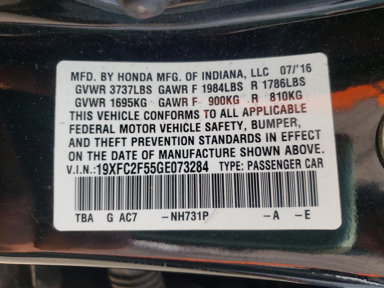 Photo 10 from auction – 2016 HONDA CIVIC LX with VIN 19XFC2F55GE073284