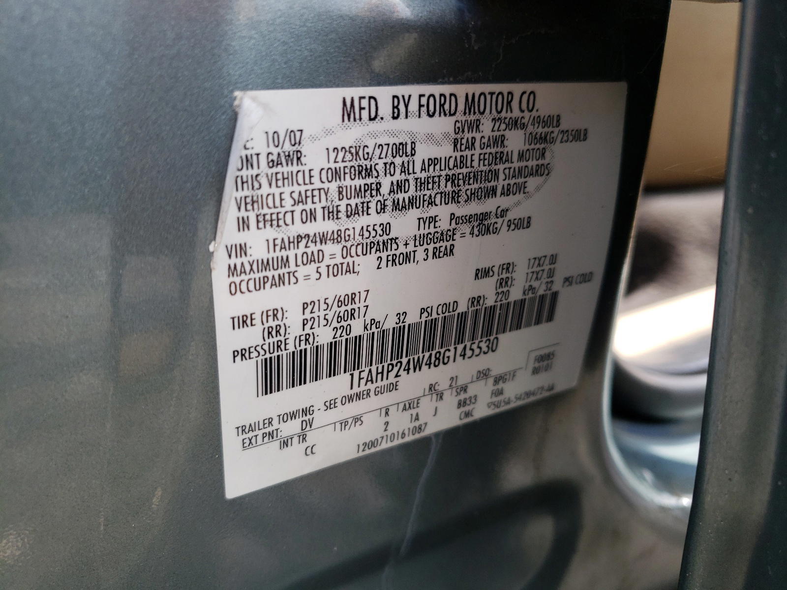 Photo 10 from auction – 2008 FORD TAURUS SEL with VIN 1FAHP24W48G145530