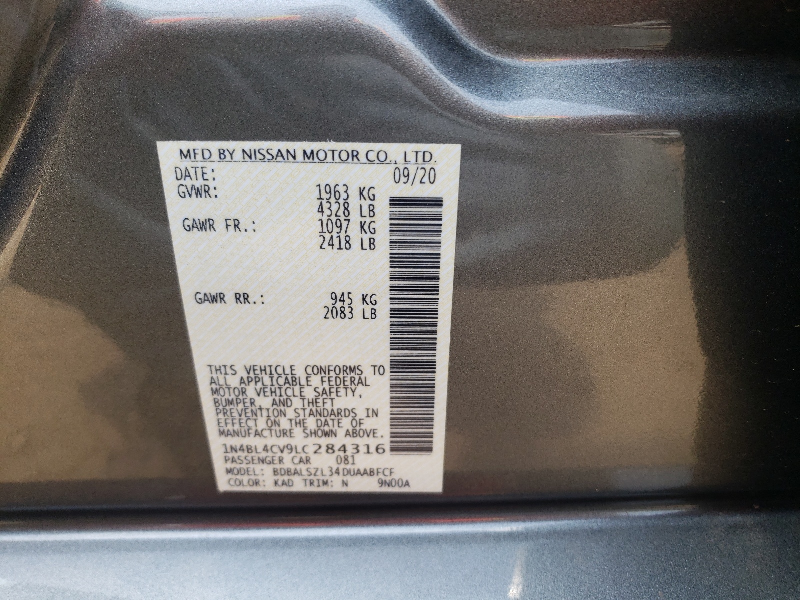 Photo 10 from auction – 2020 NISSAN ALTIMA SR with VIN 1N4BL4CV9LC284316