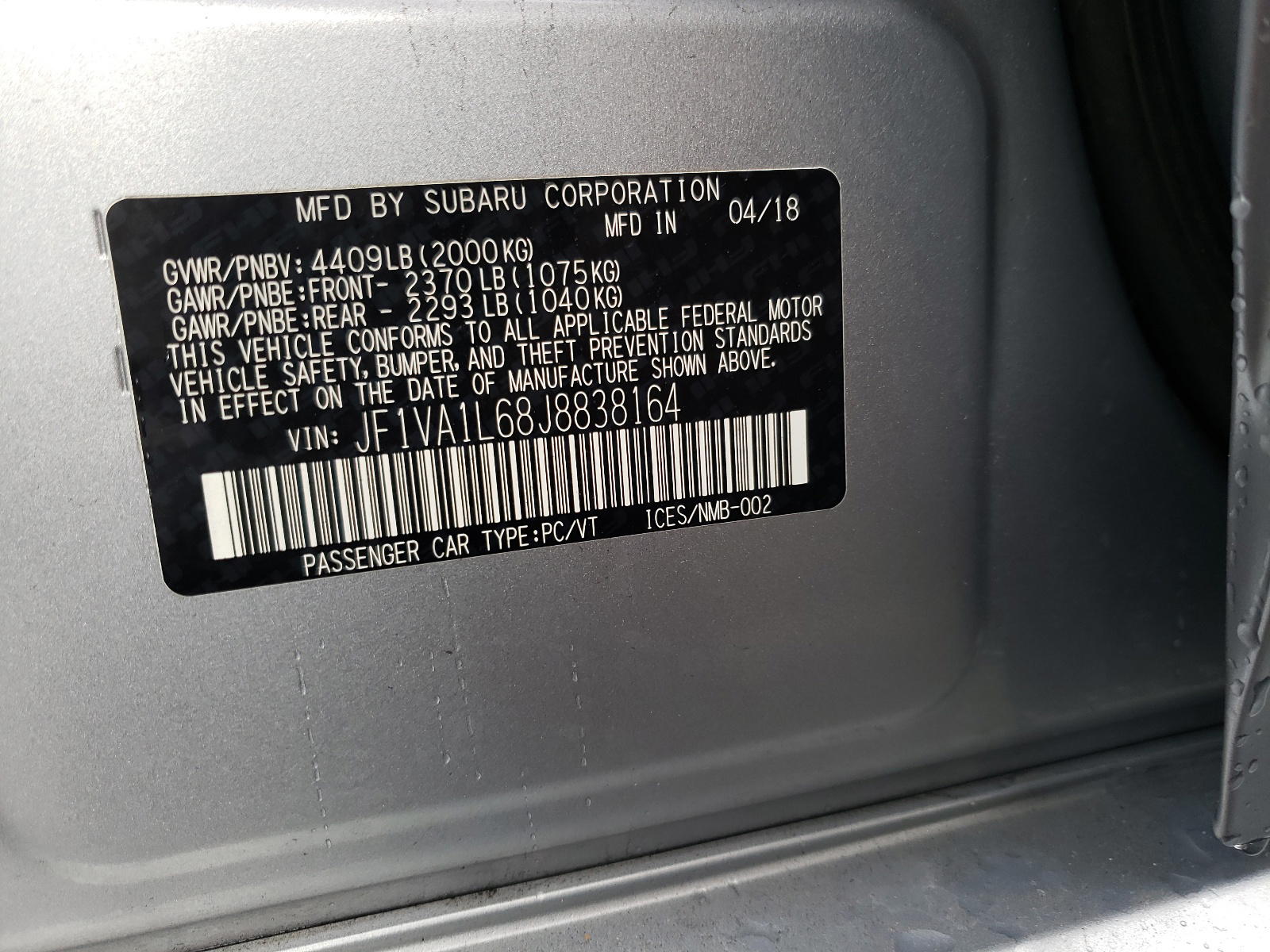 Photo 10 from auction – 2018 SUBARU WRX LIMITE with VIN JF1VA1L68J8838164