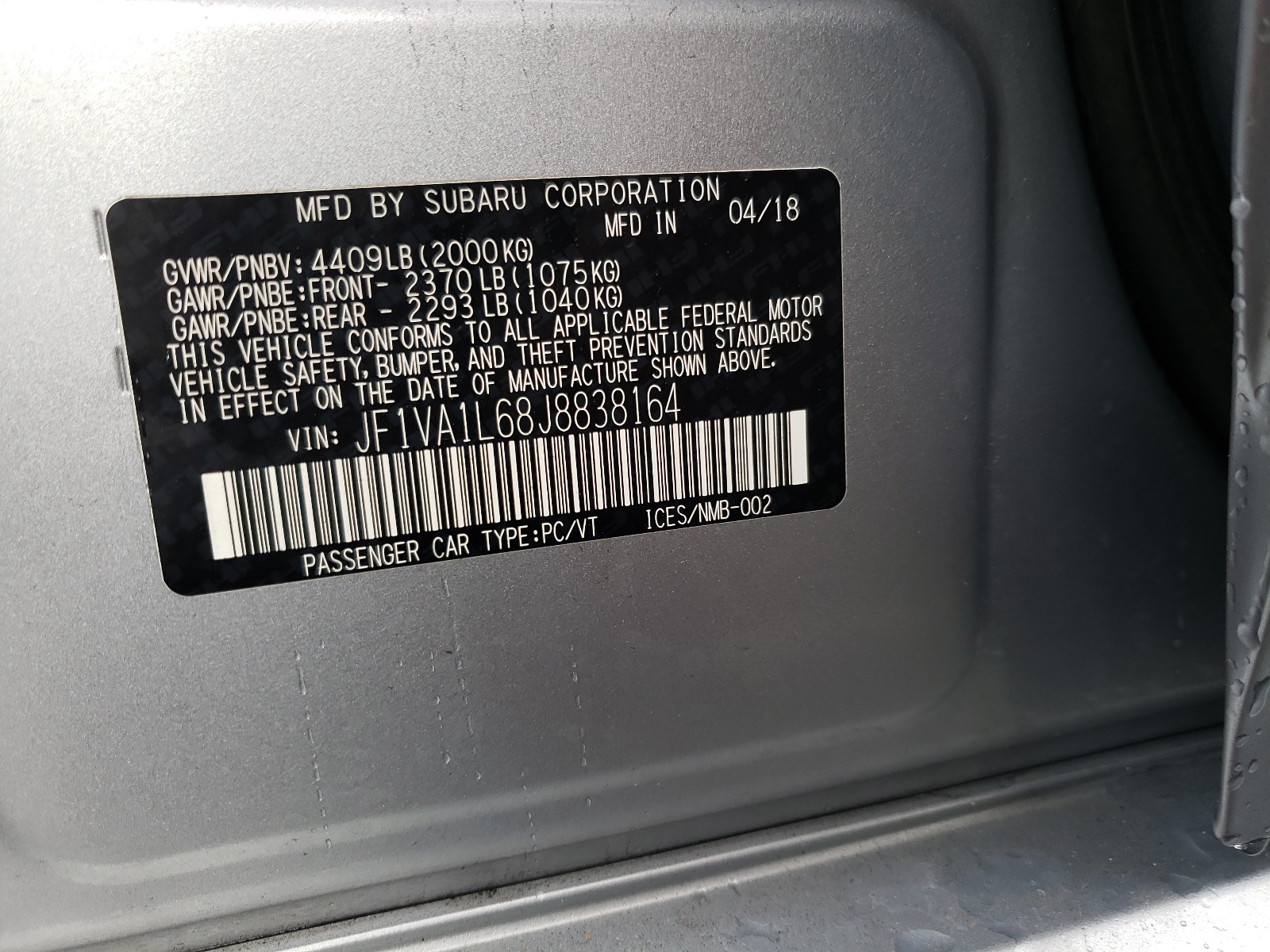 Zdjęcie 10 z aukcji – 2018 SUBARU WRX LIMITE z VIN JF1VA1L68J8838164