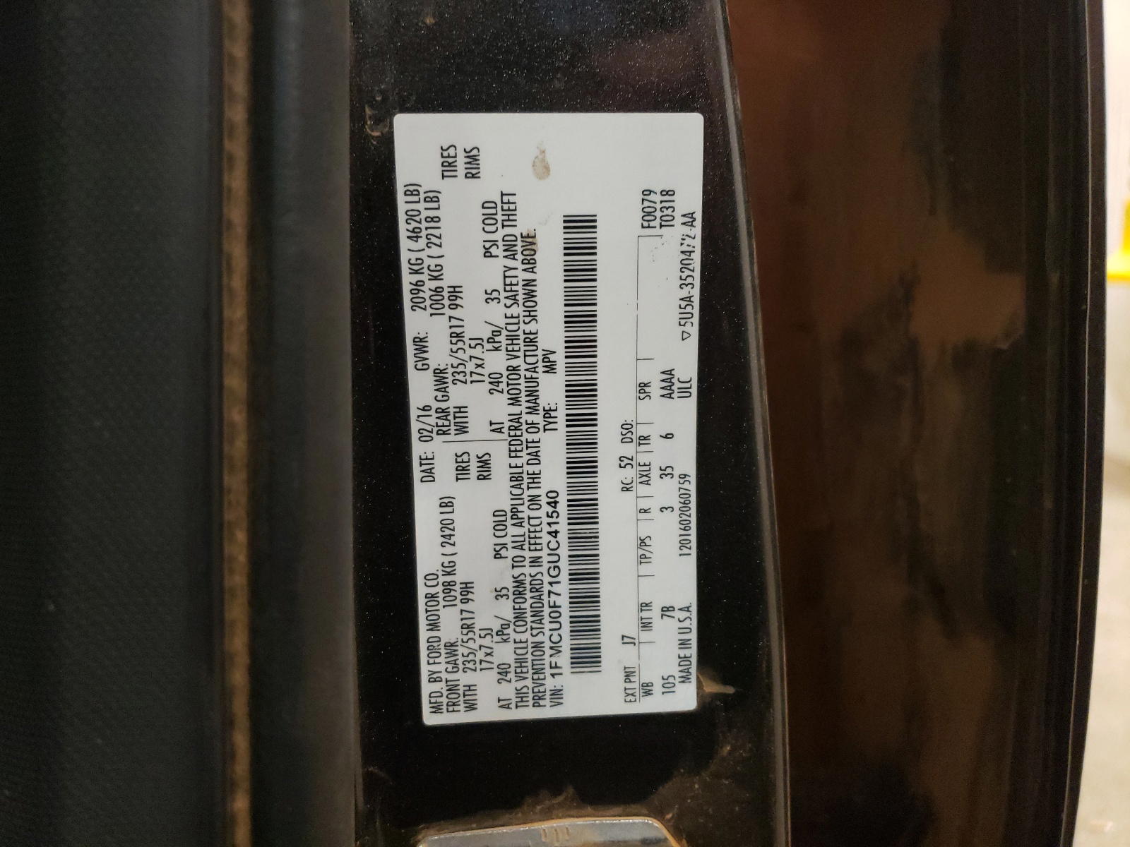 Photo 10 from auction – 2016 FORD ESCAPE S with VIN 1FMCU0F71GUC41540