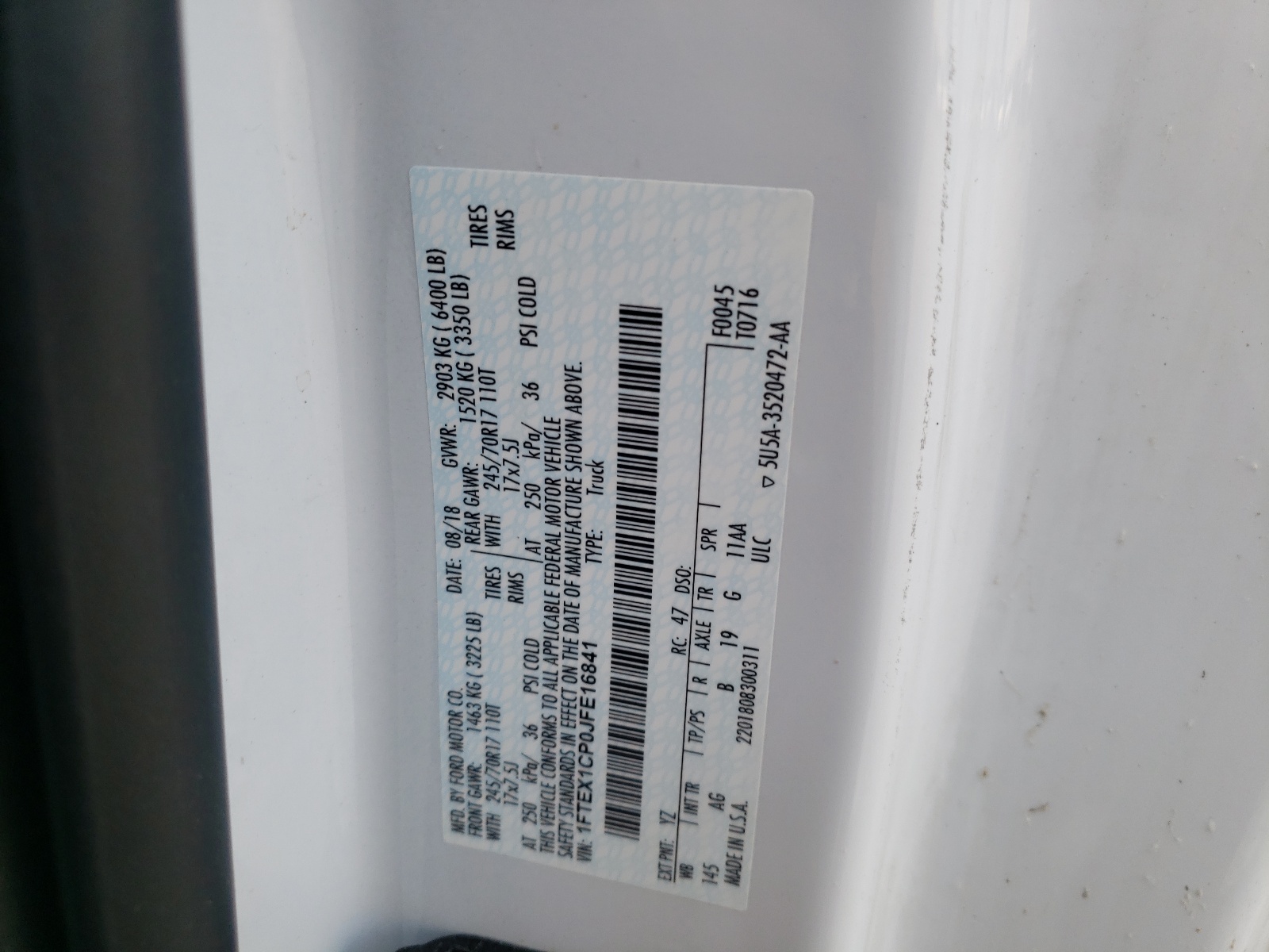 Photo 10 from auction – 2018 FORD F150 SUPER with VIN 1FTEX1CP0JFE16841