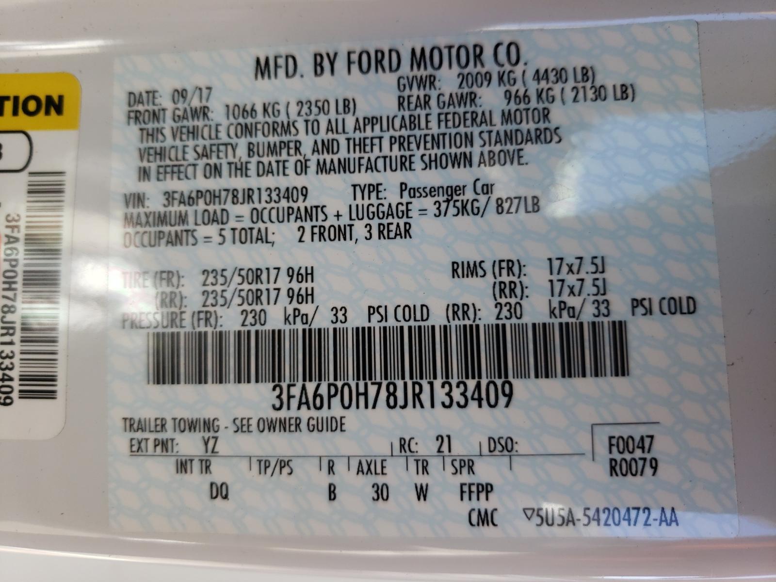 Photo 10 from auction – 2018 FORD FUSION SE with VIN 3FA6P0H78JR133409