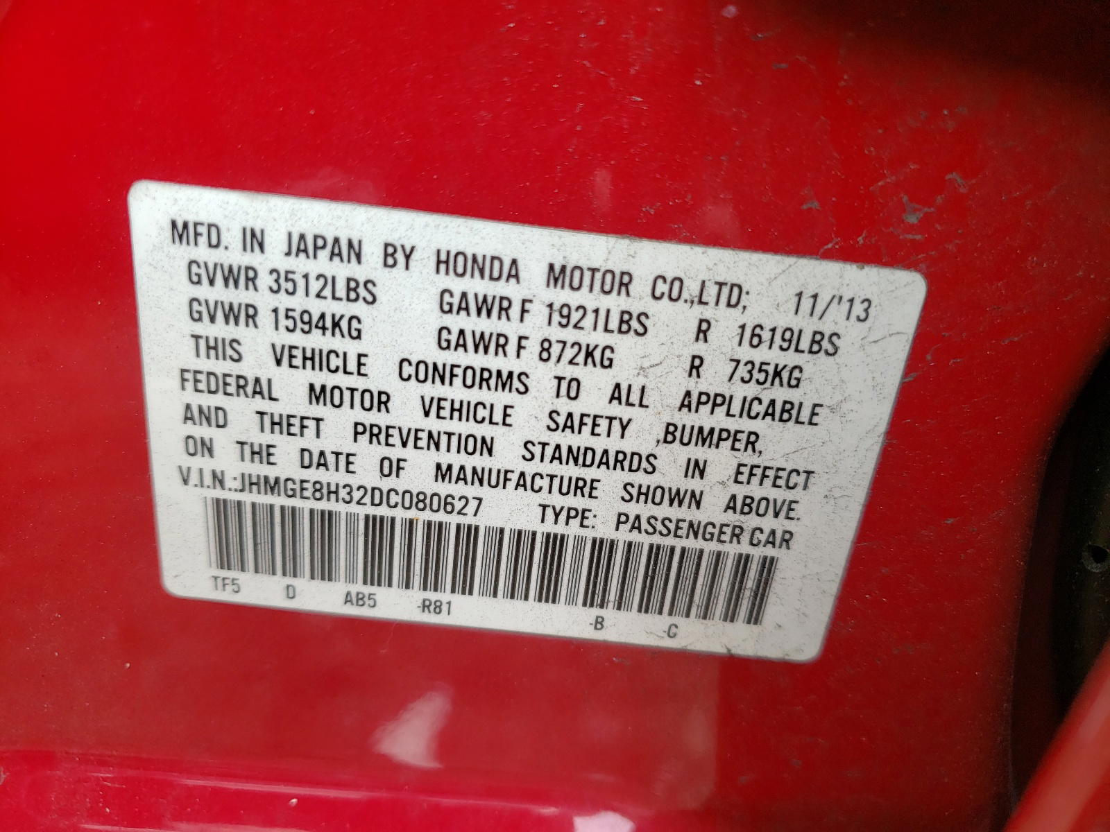 Photo 10 from auction – 2013 HONDA FIT with VIN JHMGE8H32DC080627