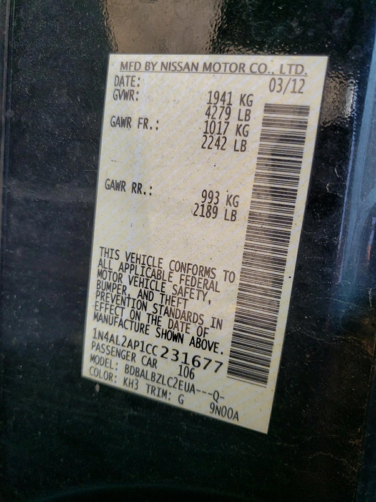 Photo 10 from auction – 2012 NISSAN ALTIMA BAS with VIN 1N4AL2AP1CC231677