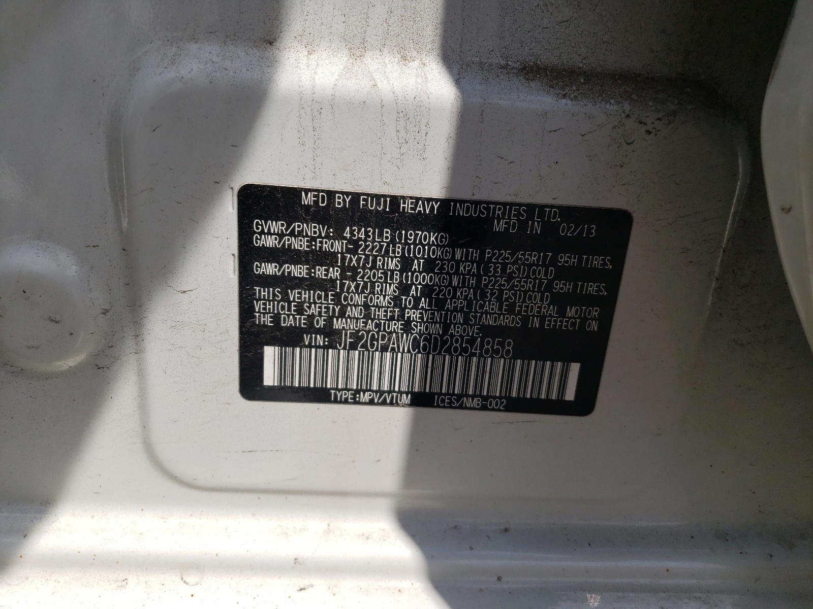 Photo 10 from auction – 2013 SUBARU XV CROSSTR with VIN JF2GPAWC6D2854858