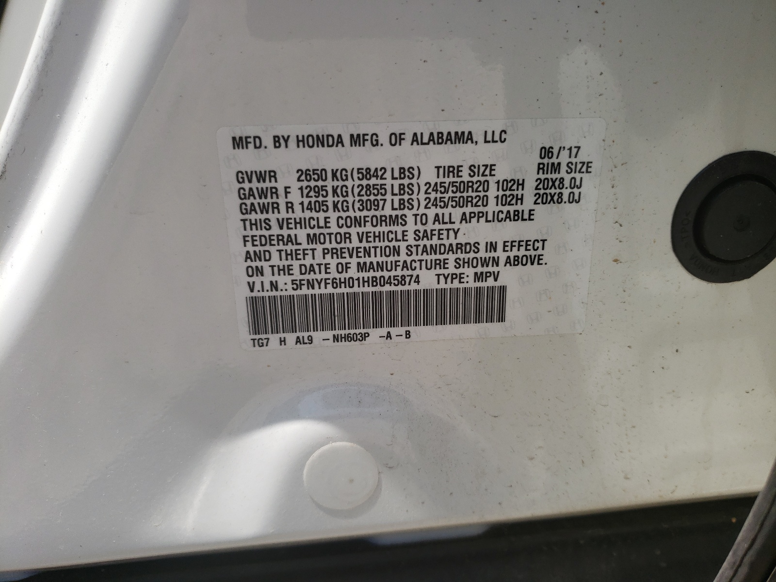 Photo 10 from auction – 2017 HONDA PILOT ELIT with VIN 5FNYF6H01HB045874