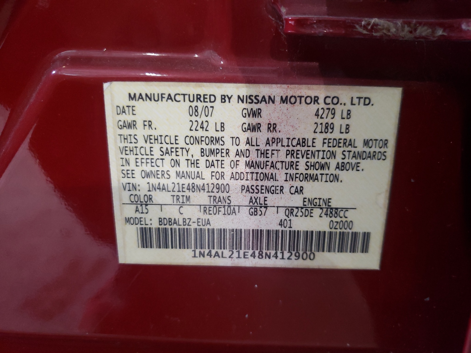 Photo 10 from auction – 2008 NISSAN ALTIMA 2.5 with VIN 1N4AL21E48N412900