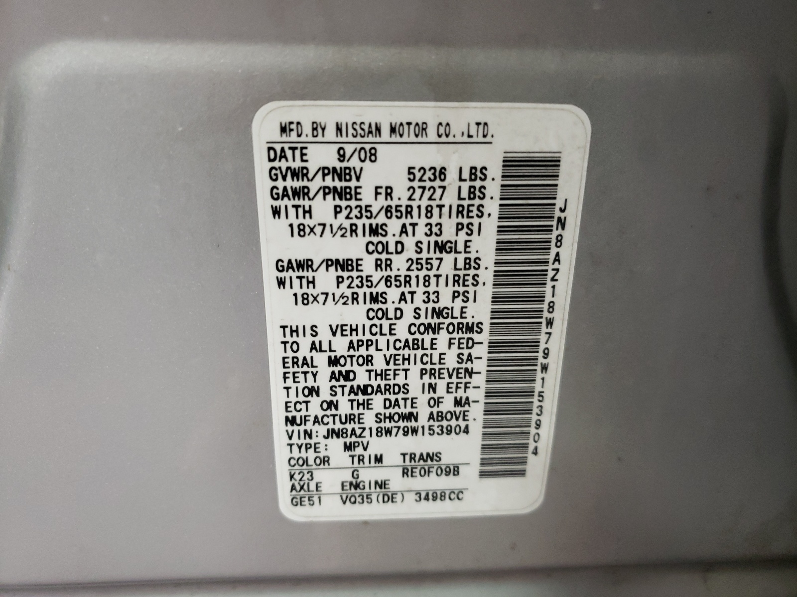 Photo 10 from auction – 2009 NISSAN MURANO S with VIN JN8AZ18W79W153904