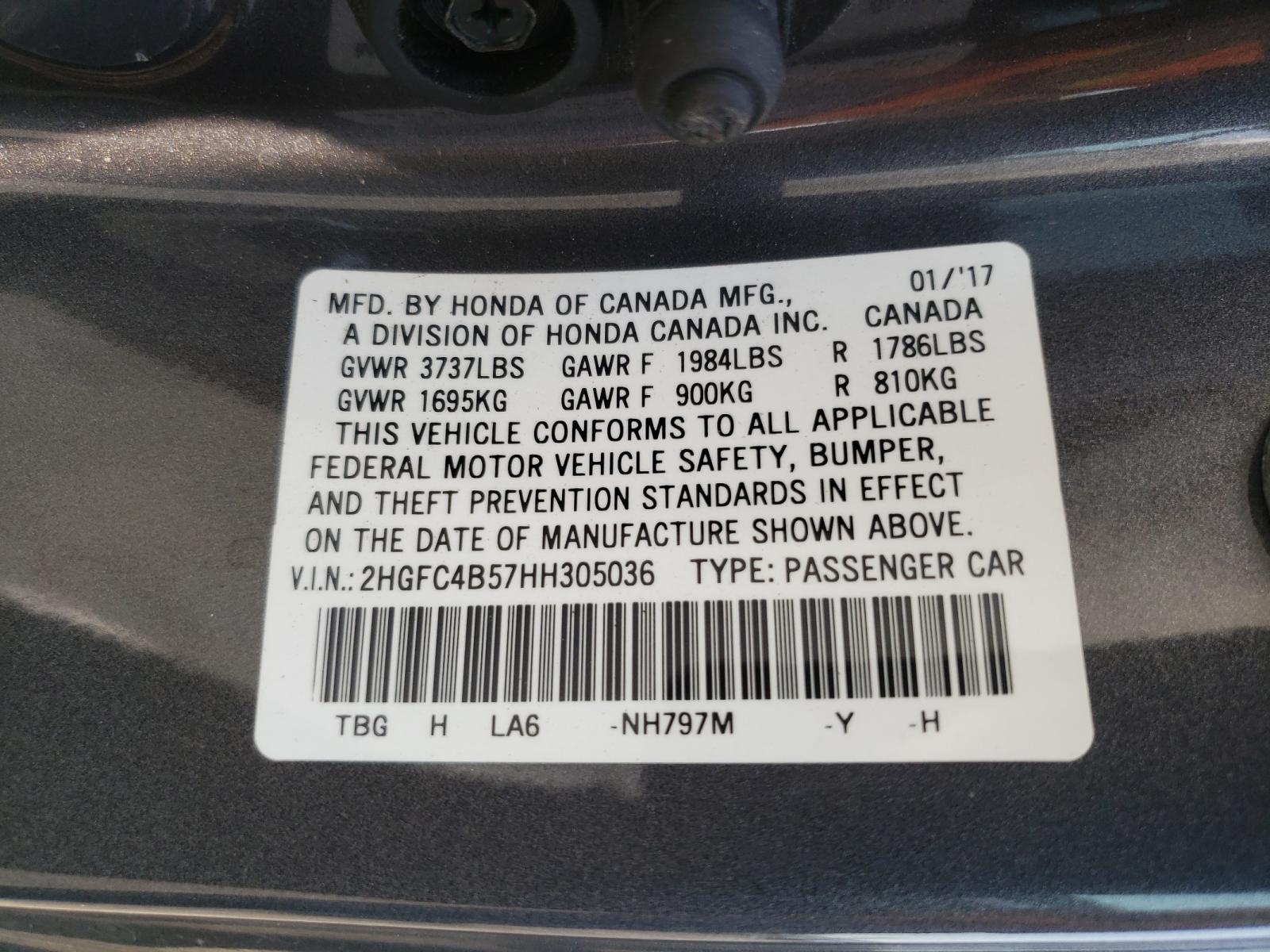 Photo 10 from auction – 2017 HONDA CIVIC LX with VIN 2HGFC4B57HH305036