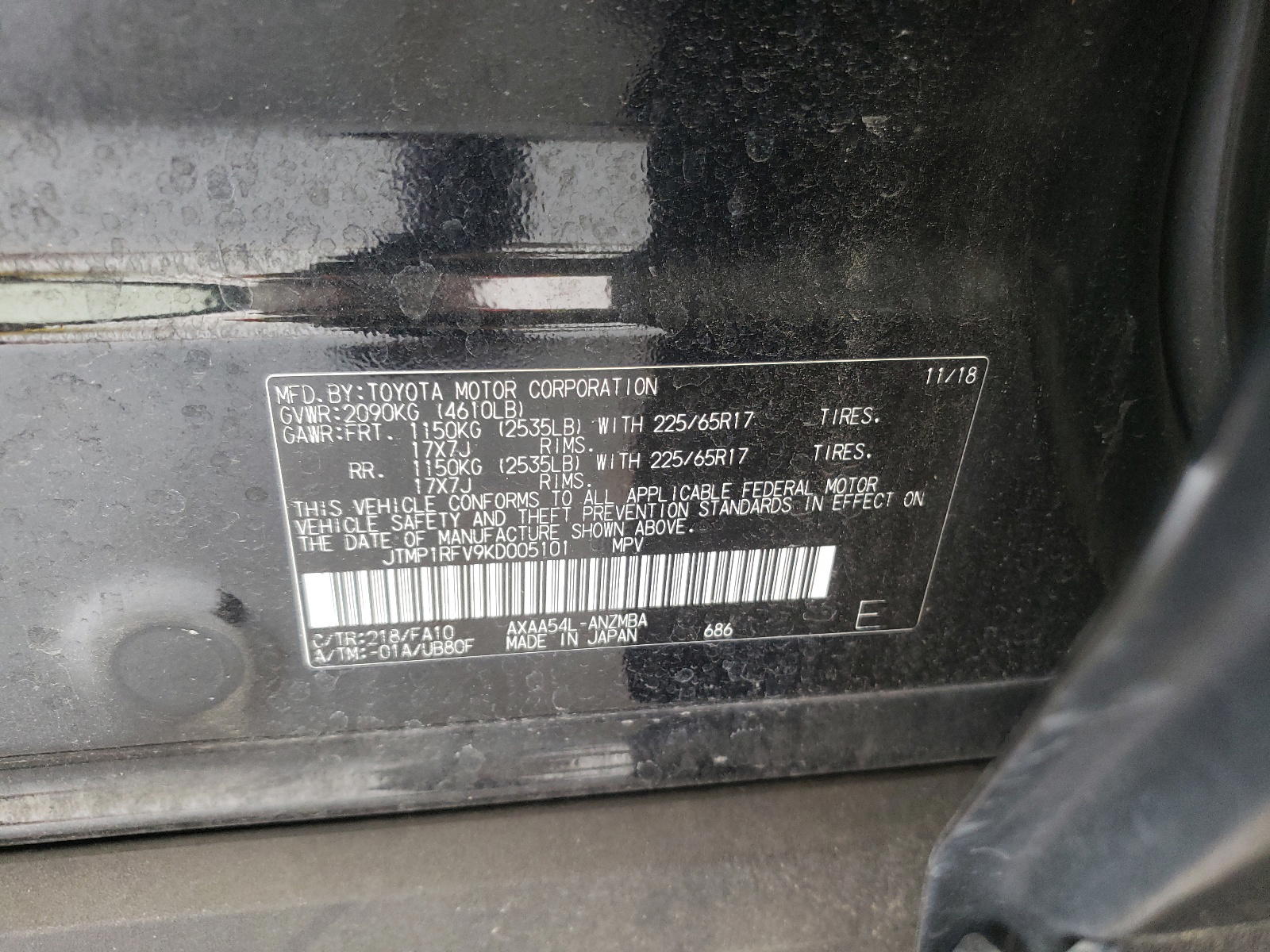 Photo 10 from auction – 2019 TOYOTA RAV4 XLE with VIN JTMP1RFV9KD005101