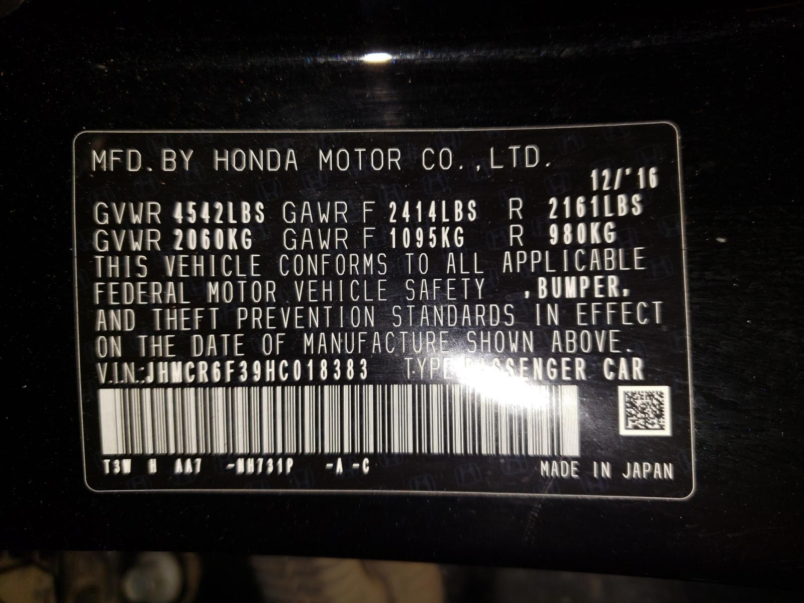 Photo 10 from auction – 2017 HONDA ACCORD with VIN JHMCR6F39HC018383